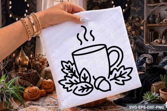 Coffee Cup Autumn Leaves SVG for Fall Graphics and Crafts