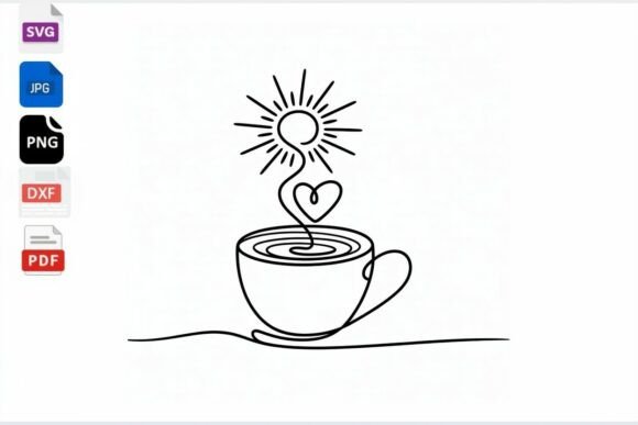 Continuous Line Coffee Cup Heart Sun SVG Graphics & Crafts