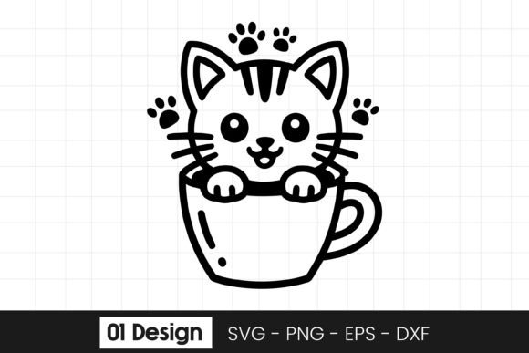 Cute Kitten in Cup Cartoon Design SVG PNG for Crafts