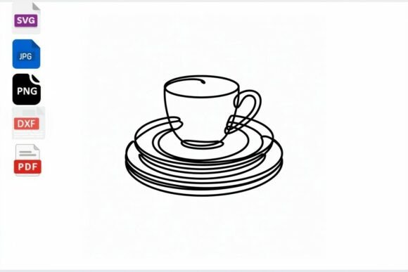 Line Art Coffee Cup and Plates SVG for Graphics & Crafts